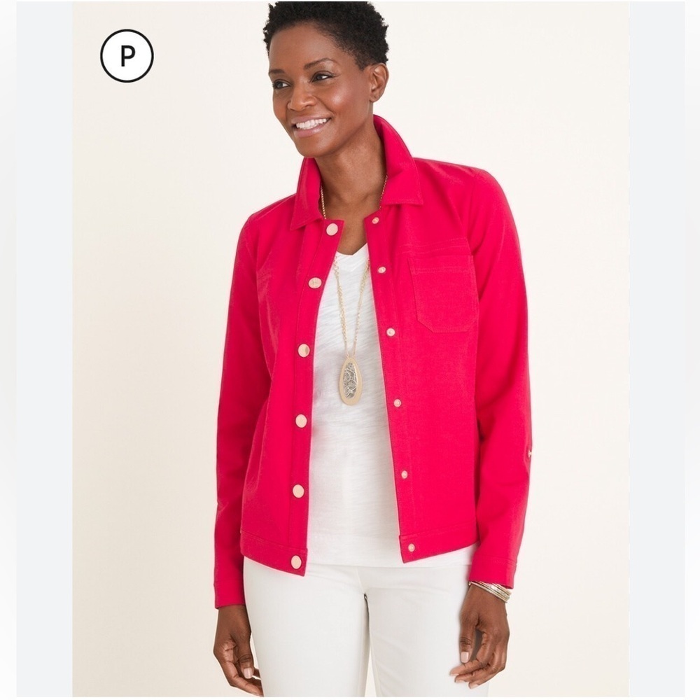 Chico’s Petite Bi- Stretch Pink Fuchsia Gold Button Down Cuffed Jacket S 2 14/16